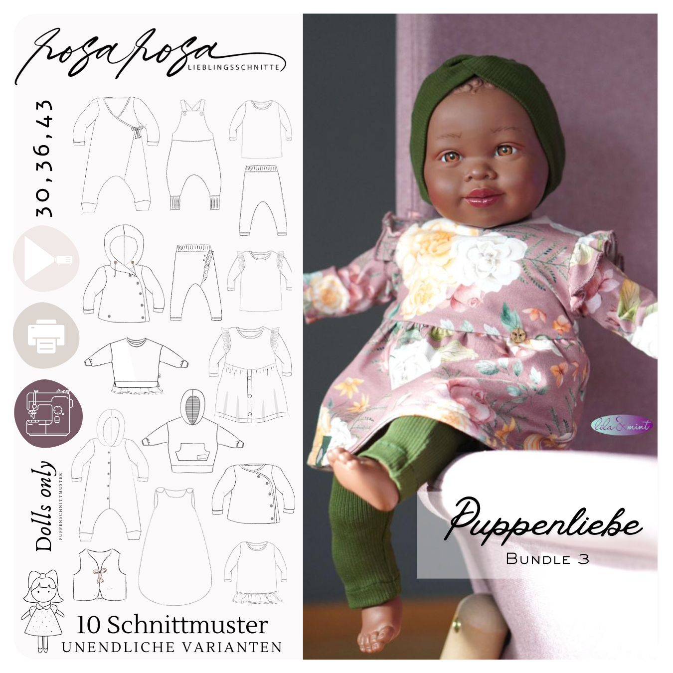 schlafsack puppe 43 cm nähen Puppenliebe 3 #minime & #Baby Collection 30/36/43 inkl. A4/ Beamerdate –  rosarosa