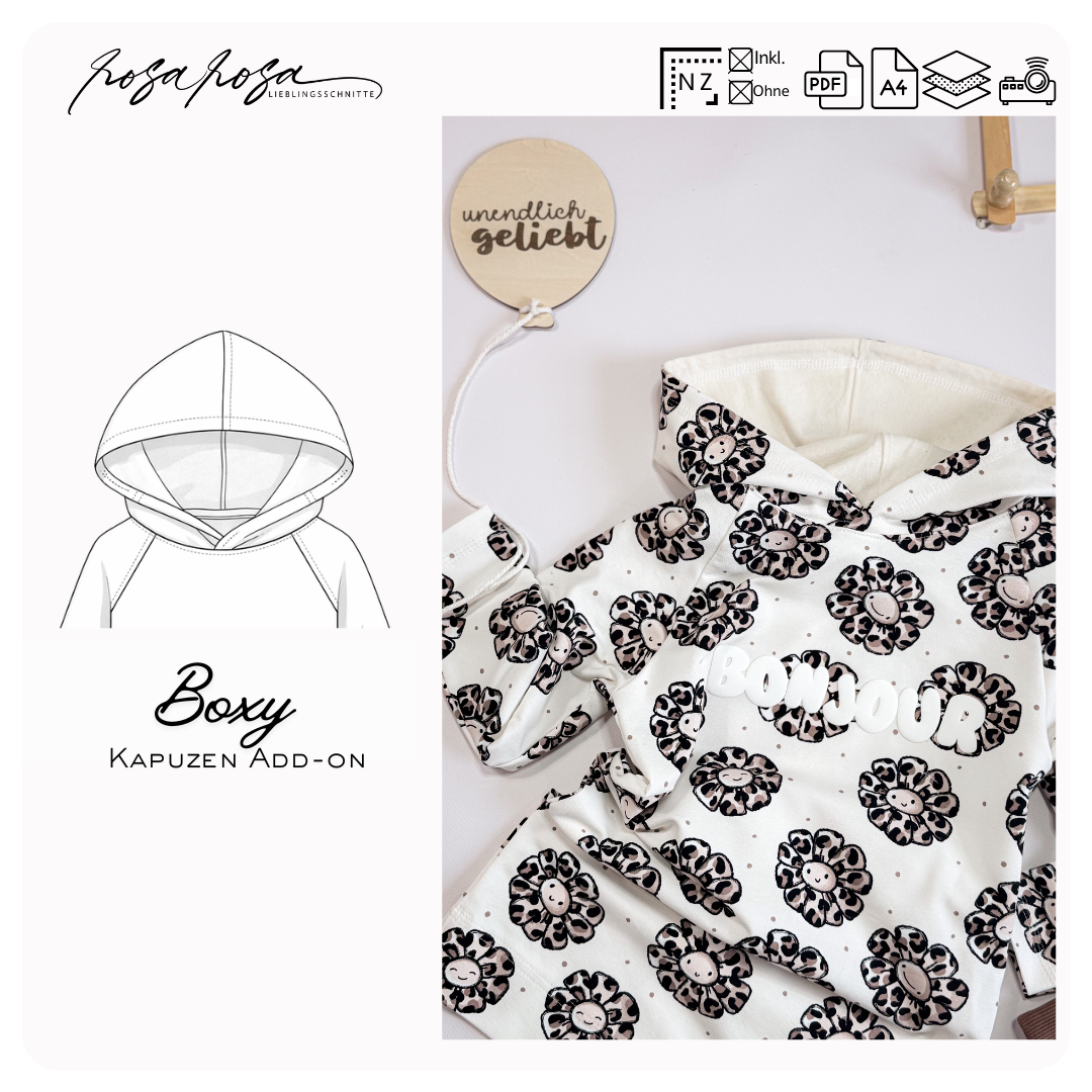 Boxy Shirt mit Kapuze genäht aus Jersey
Oversize Boxy Dress mit Kapuzen Add-on
Lässiges Kinder Shirt mit Kapuze
Sportliches Boxy Kleid mit Kapuze
Boxy Hoodie Variante aus Sweat
Kapuzendetail Boxy Add-on