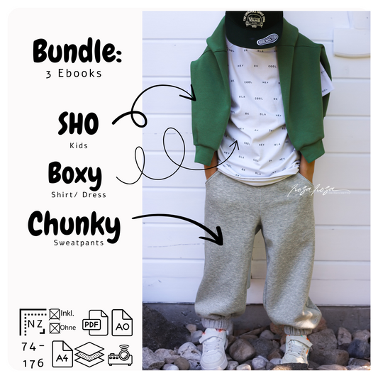 Kinder-Schnittmuster-Bundle für Sweater, Chunky Sweatpants und Boxy Shirt/Kleid – Outfit-Set zum Nähen (Gr. 74–176)