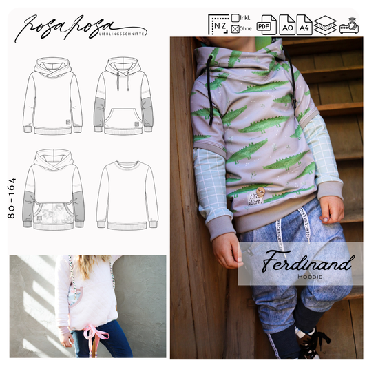 Pullover Schnittmuster mit verscheidenen Kapuzen von rosarosa für Kinder mit schmalem Sitz