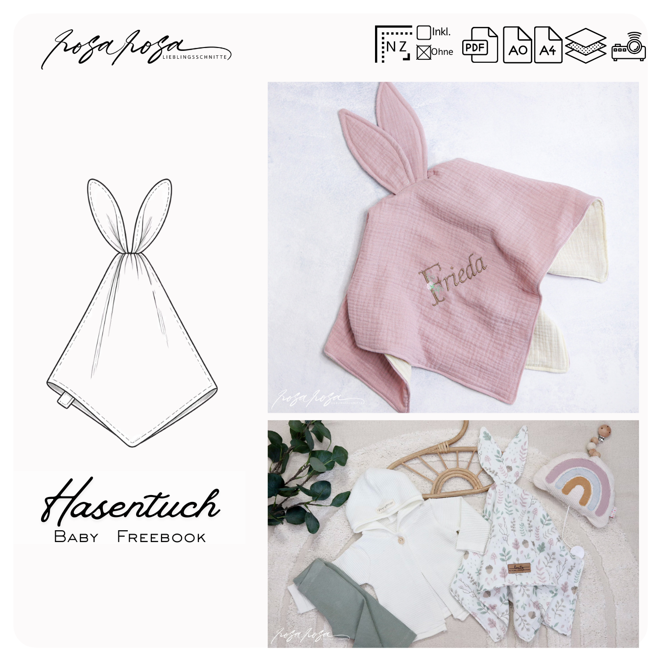 Freebook Hasentuch Baby Kuscheltuch
Gratis Schnittmuster Hasentuch für Babys
Hasentuch mit Hasenohren nähen
Baby Schnuffeltuch Freebook rosarosa
Kuscheltuch mit personalisierter Stickerei
Hasentuch aus Musselin nähen
Freebie Baby Kuschelaccessoire
Hasentuch als Geschenk zur Geburt
Hasentuch Freebook Beamerdatei
