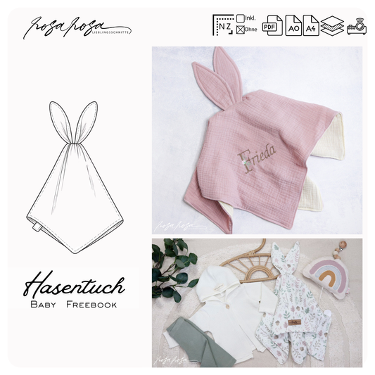 Freebook Hasentuch Baby Kuscheltuch
Gratis Schnittmuster Hasentuch für Babys
Hasentuch mit Hasenohren nähen
Baby Schnuffeltuch Freebook rosarosa
Kuscheltuch mit personalisierter Stickerei
Hasentuch aus Musselin nähen
Freebie Baby Kuschelaccessoire
Hasentuch als Geschenk zur Geburt
Hasentuch Freebook Beamerdatei
