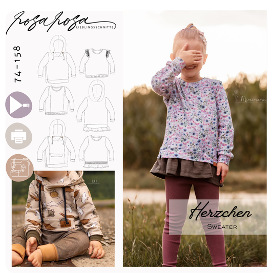 Sweater Herzchen Schnittmuster – vielseitiger Kinderpullover mit Kapuzen- und Volantoption