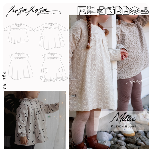 Millie Kinderkleid aus Musselin genäht
Millie Bluse für Mädchen aus Leinen
Detailansicht Knopfleiste am Rücken von Millie
Millie Kleid locker fallend aus Chambray
Millie Kinderkleid mit Rüschenkragen
Millie Bluse mit kurzen Ärmeln für den Sommer
Millie Kleid mit aufgesetzten Taschen
Millie Schnittmuster Übersicht Varianten Kleid und Bluse
Millie Kinderkleid festlich gestylt
Millie Bluse alltagstauglich kombiniert
