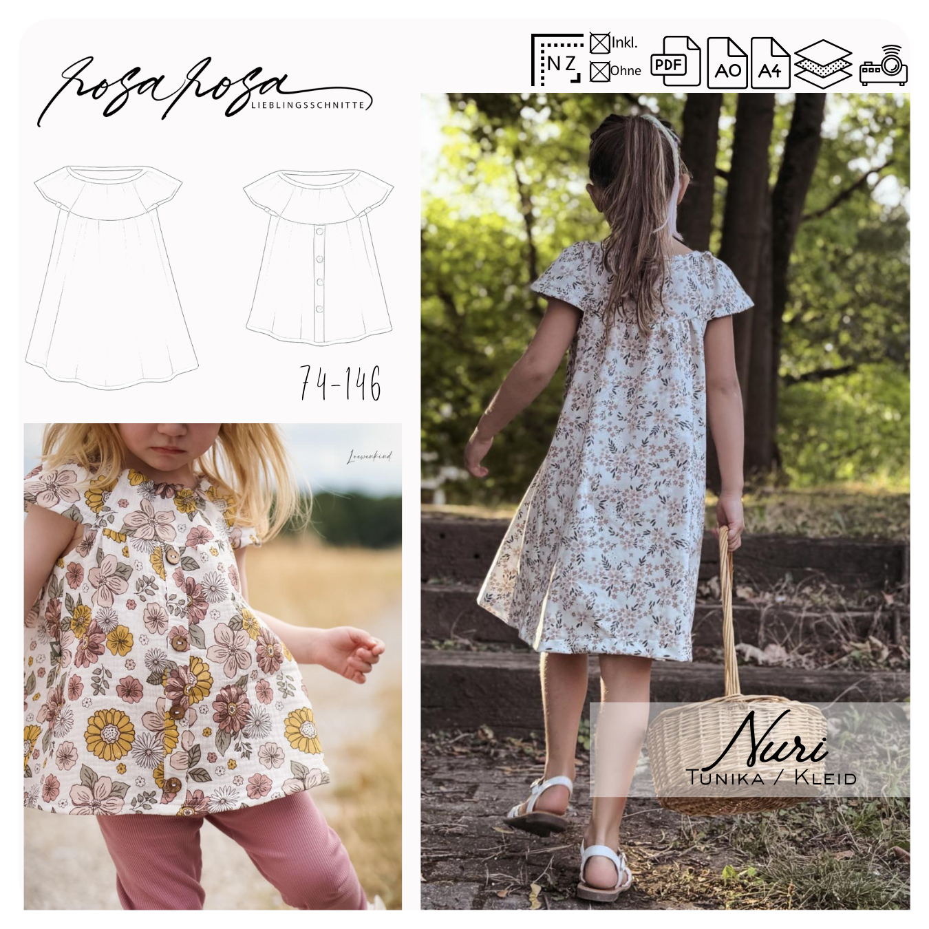 Nuri Schnittmuster – Bluse oder Kleid für Kinder mit zwei Schultervarianten
