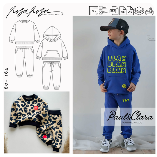 Paul und Clara Jogger Set Kinder
Jogginganzug Schnittmuster Kinder
Sweater Paul mit Rundhalsausschnitt
Jogpants Clara mit Bündchen genäht
Kinder Jogger Set aus French Terry
Paul Hoodie mit Kapuze genäht
Clara Jogpants mit Gummibund
Kinder Zweiteiler Sweatset Schnittmuster
Jogginghose mit Verschlussblende Kinder
Lässiges Kinder Sweatset rosarosa