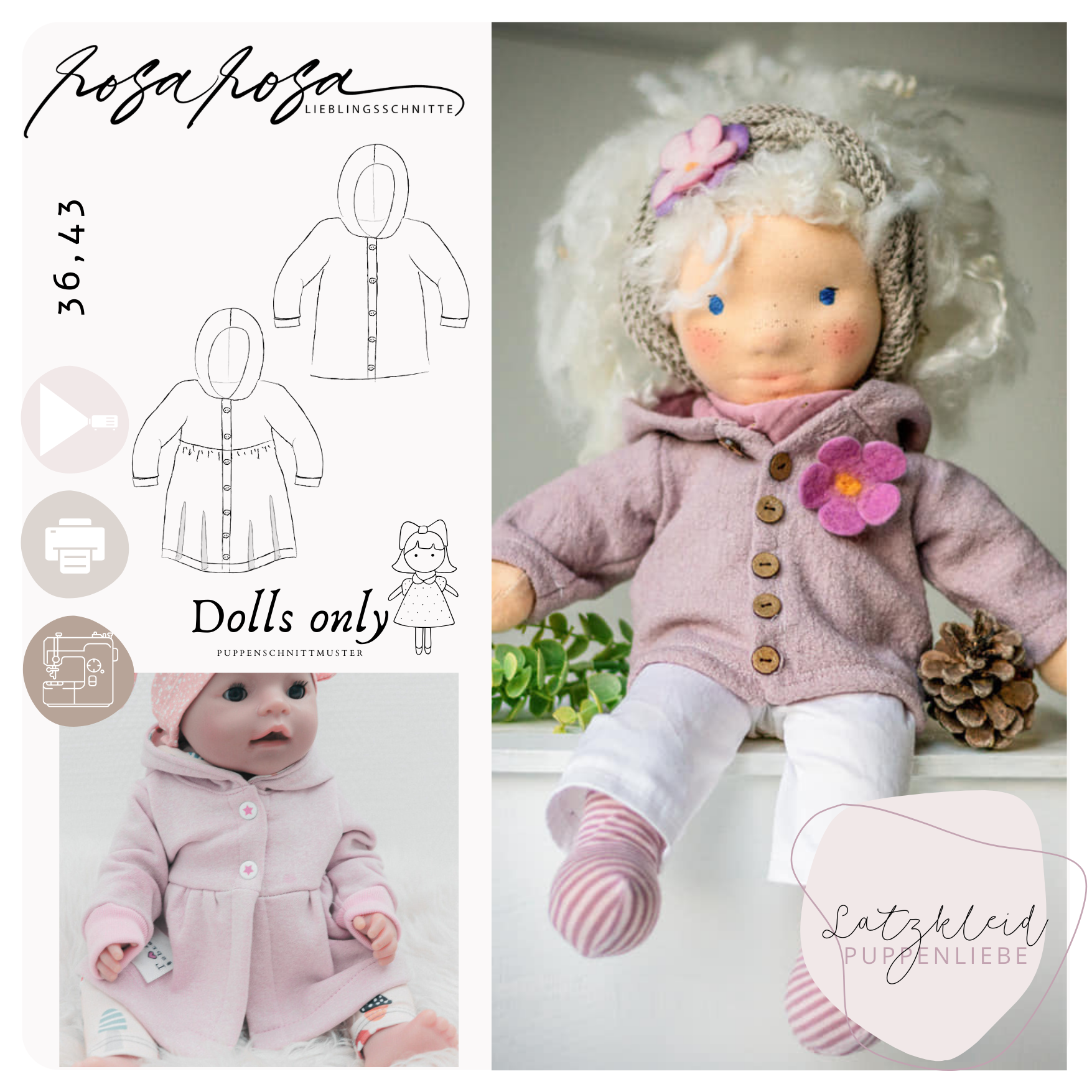 Puppenjumi Schnittmuster für Puppenkleidung – Cardigan-Outdoorjacke Mix für Puppen in 36 und 43 cm (A4 E-Book)
