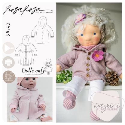Puppenjumi Schnittmuster für Puppenkleidung – Cardigan-Outdoorjacke Mix für Puppen in 36 und 43 cm (A4 E-Book)
