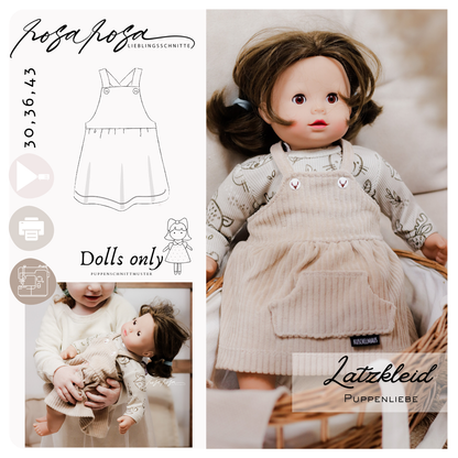 Freebook Puppen-Latzkleid Schnittmuster als E-Book für 30, 36 und 43 cm Puppen – kostenloses Puppenkleid zum Selbernähen
