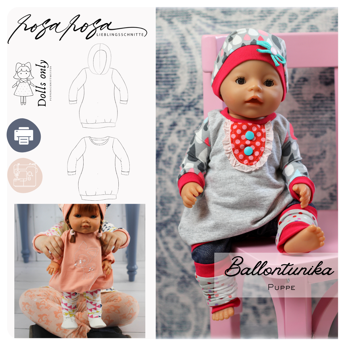 Freebook Puppen-Latzkleid Schnittmuster als E-Book für 30, 36 und 43 cm Puppen – kostenloses Puppenkleid zum Selbernähen