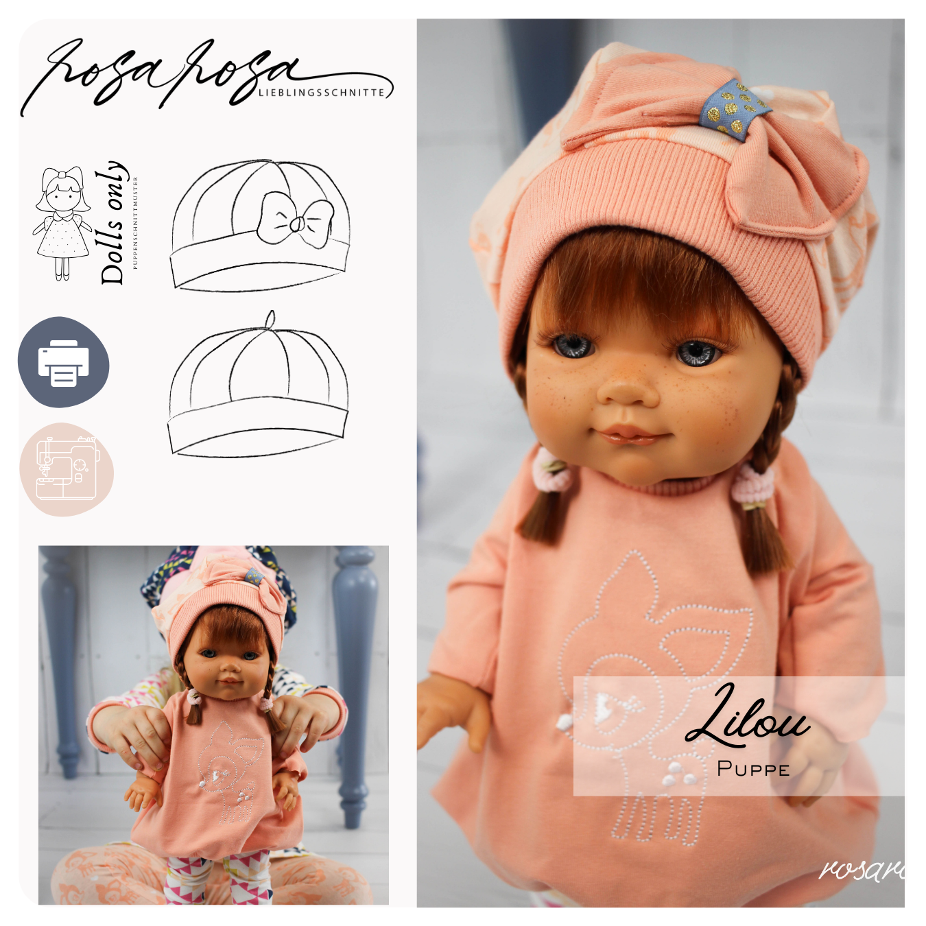 Freebook Puppen Mütze Schnittmuster als E-Book für 30, 36 und 43 cm Puppen – kostenloses Mütze zum Selbernähen