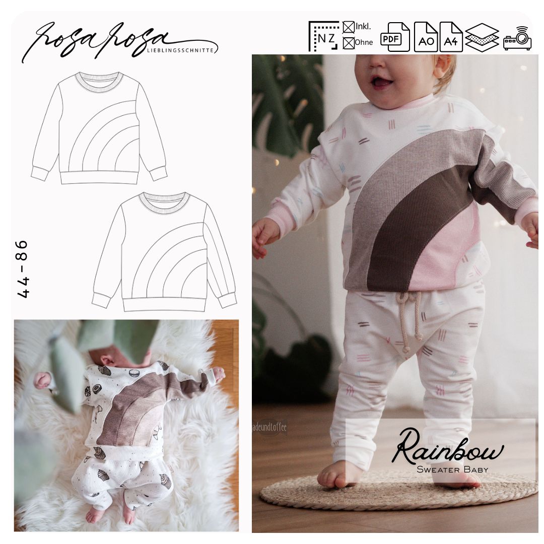 Rainbow Sweater Baby mit Schulterknopfleiste
Babysweater mit Rundhalsbündchen genäht
Rainbow Sweater Baby Unterteilungen
Baby Pullover mit Knopfleiste nähen
Rainbow Sweater aus French Terry Baby
Babysweater mit Stoffmix genäht
Rainbow Sweater Baby 62 bis 98
Baby Sweatshirt Schnittmuster rosarosa
Pullover für Babys mit überschnittener Schulter
Rainbow Sweater Baby Detail Knopfleiste