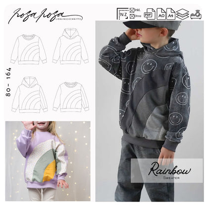 Rainbow Sweater Kids mit Unterteilungen
Kinder Sweater mit Regenbogen Design
Rainbow Sweater mit Kapuze genäht
Sweater mit Stoffmix für Kinder
Rainbow Sweater Rundhals Variante
Kinder Sweater mit Teilungen am Ärmel
Rainbow Sweater aus French Terry
Patchwork Sweater Schnittmuster Kinder
Rainbow Sweater mit Ottoman Rib genäht
Kreativer Kinder Sweater Schnittmuster