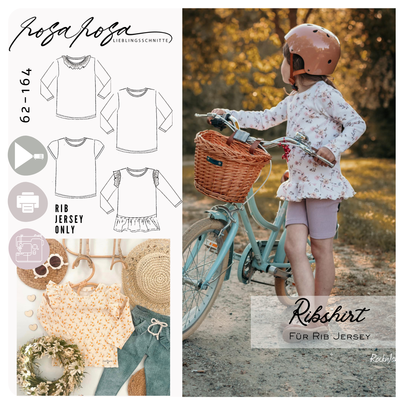 RibShirt Schnittmuster aus Rib Jersey mit verschiedenen Ärmelvarianten und Rüschenoptionen von rosarosa