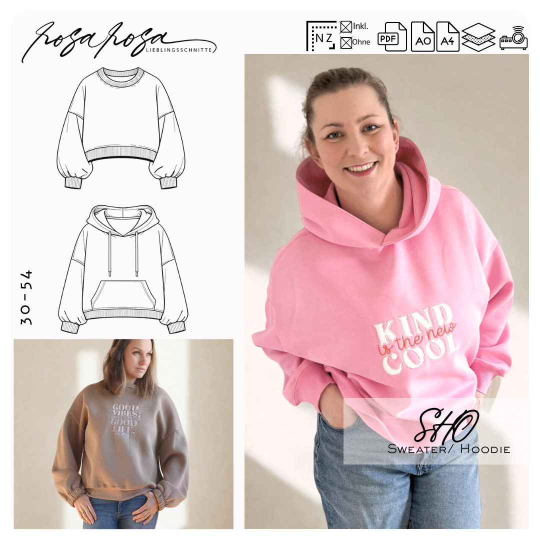 SHO Oversize Hoodie Damen kurz aus Sweat genäht
SHO Hoodie Damen lange Variante locker fallend
Detailansicht weiter Ärmel mit Gummizug bei SHO
SHO Hoodie mit Bündchenabschluss an den Ärmeln
SHO Hoodie mit Gummibund am Saum ballonartig
SHO Cropped Hoodie kombiniert mit High-Waist-Jeans
SHO Oversize Hoodie sportlich gestylt
SHO Hoodie aus Wintersweat mit Kapuze
SHO Hoodie aus French Terry lässiger Look
SHO Schnittmuster Übersicht Varianten Damen Hoodie