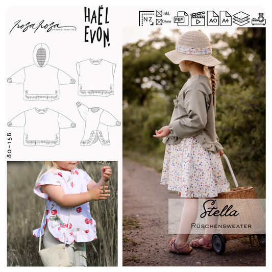 Stella Schnittmuster Shirt mit breiter Statementrüsche in Jersey
Oversize Sweaterversion Stella mit Rüsche am Saum genäht aus Sweat
Detailansicht der breiten Rüsche beim Stella Shirt Schnittmuster
Stella Shirt über einem Kleid kombiniert mit lockerer Passform
Variantenübersicht Stella Schnittmuster Shirt und Oversize Sweater
Saumrüsche als Hingucker beim Stella Kinder Schnittmuster
Stella Shirt aus Motivstoff genäht mit verspielter Rüsche
Einfarbiges Stella Rüschenshirt aus Jersey für den Alltag
