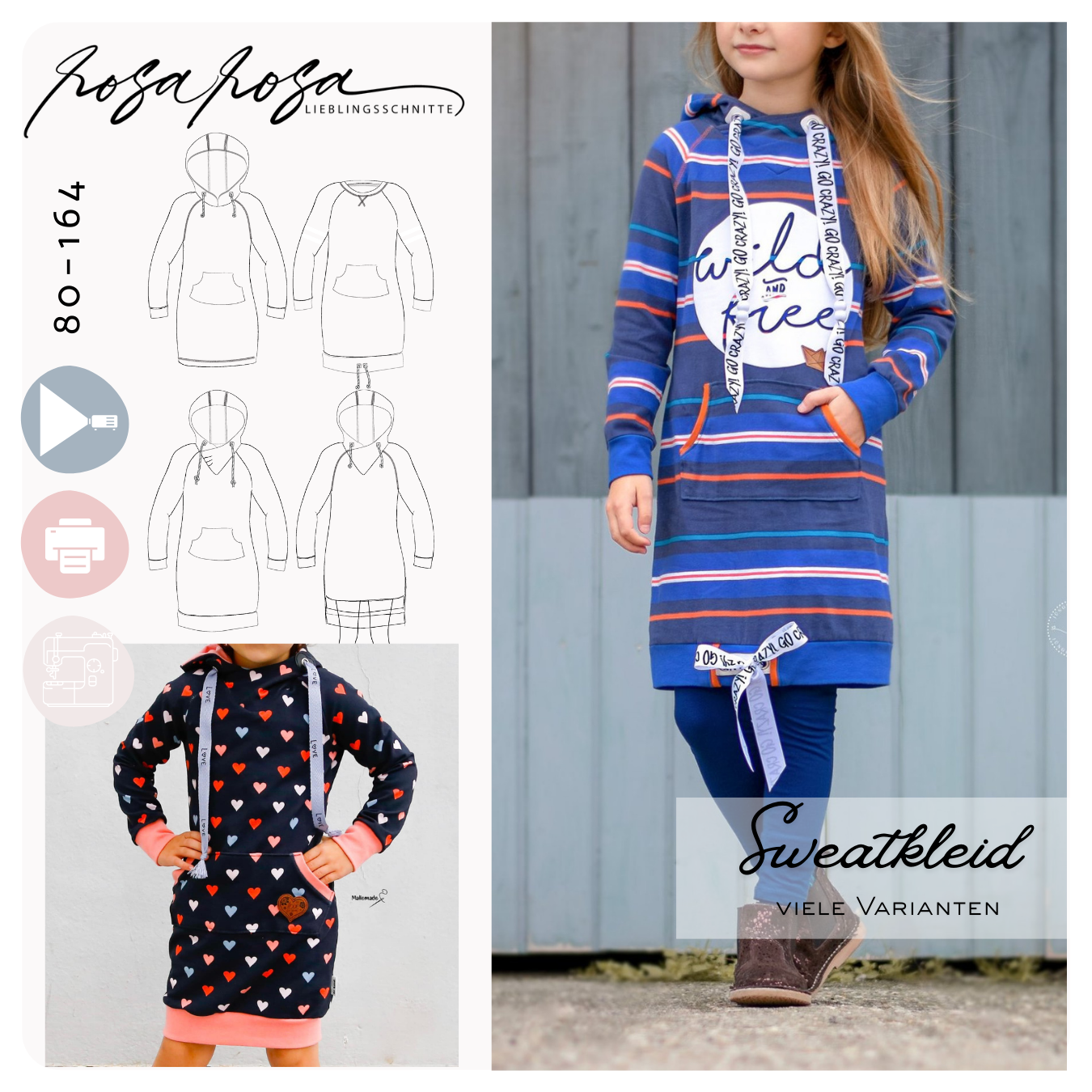 Raglan Sweatkleid Schnittmuster – bequemes Kinderkleid mit Kapuze und Varianten