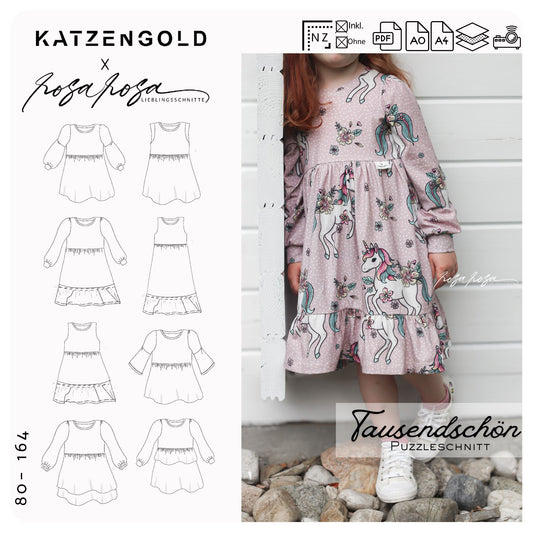 Tausendschön Kinderkleid Schnittmuster
Tunika Schnittmuster für Kinder 80 bis 164
Tausendschön mit Rundum Rüsche genäht
Kinderkleid mit Kellerfalte Schnittmuster
Tausendschön ärmellose Variante
Kinder Tunika aus Jersey genäht
Tausendschön mit ausgestellten Ärmeln
Modernes Kinderkleid aus Rib
Tausendschön French Terry Kleid
Verspieltes Kinderkleid Schnittmuster rosarosa
