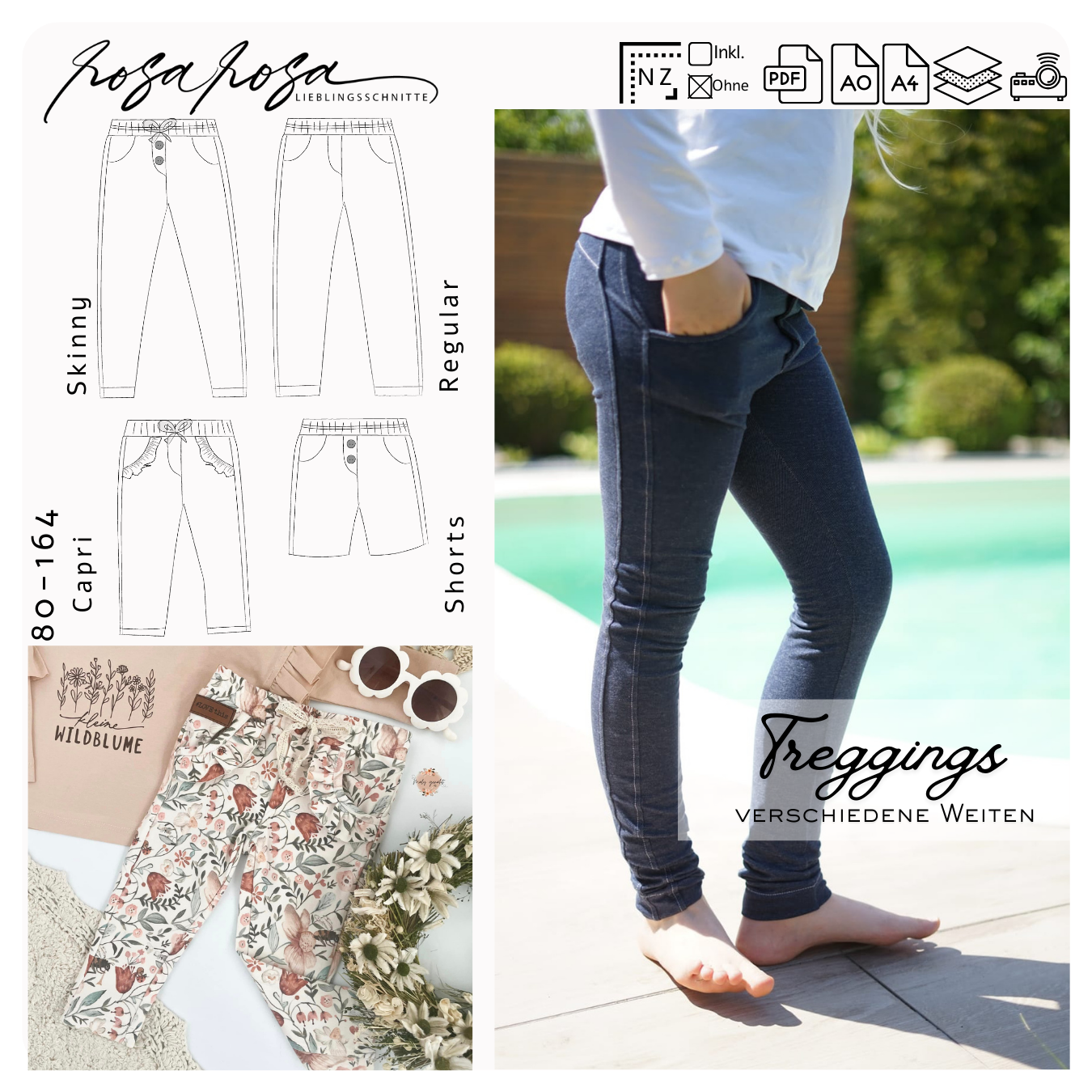 Schmale Kinder-Treggings mit bequemem Bund – Schnittmuster für elastische Stoffe