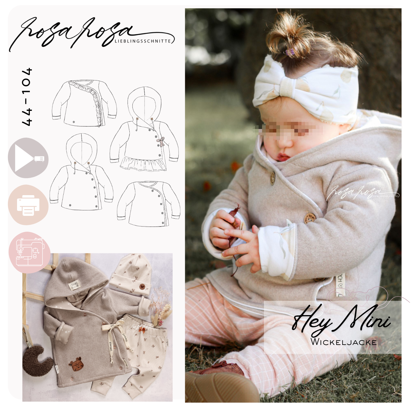 HeyMini Schnittmuster – Wickeljacke für Babys mit Kapuze oder Bündchenausschnitt, auch als Wendejacke nähbar
