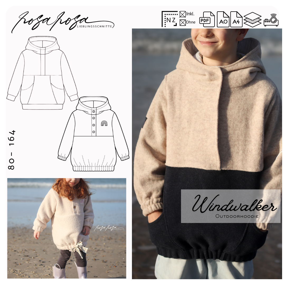 Windwalker Outdoor Pullover für Kinder
Hybrid Windbreaker Schnittmuster Kinder
Windwalker aus Wollwalk genäht
Kinder Übergangspullover mit Kapuze
Windwalker mit Bündchenabschluss
Outdoor Sweater aus Teddyplüsch
Windwalker gefütterte Kapuze Detail
Kinder Outdoor Schnittmuster 80 bis 164
Windwalker mit Gummizug Saum
Leichter Windbreaker zum Überziehen