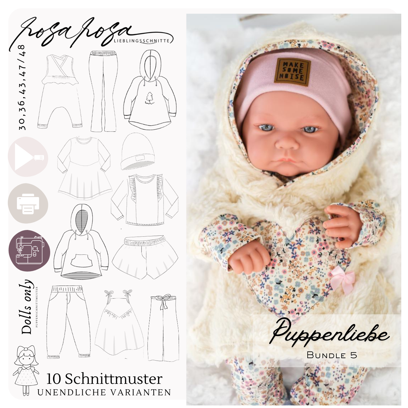 E-Book „Puppenliebe 5 Cuddle’n’Play“ – vielseitige Schnittmuster-Kollektion für Puppenkleidung in 30, 36, 43 und 47/48 cm
