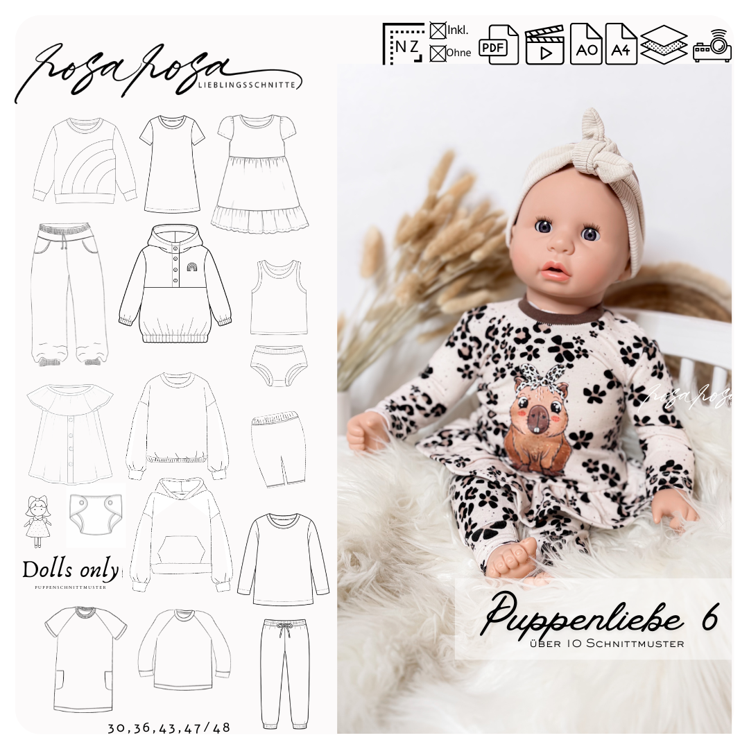 „Puppenliebe 6 Mix & Match“ – umfangreiche Puppenkleidungs-Schnittmuster für kombinierbare Outfits in 30, 36, 43 und 48 cm